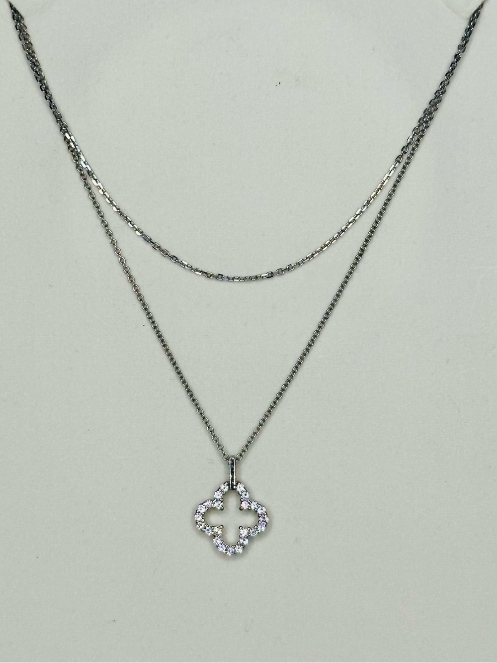 Sterling Silver Layered Necklace | Rhodium Plated CZ Quatrefoil Pendant